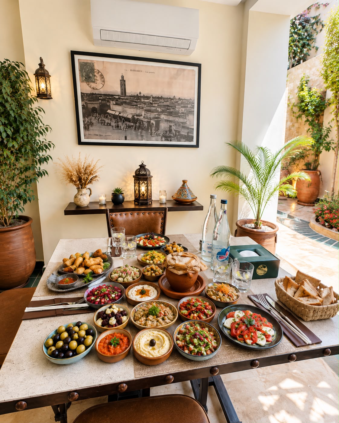 Grande table dressée de mezzés marocains dans le patio en plein jour