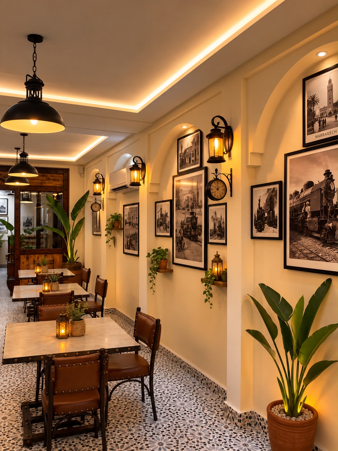 Salle du restaurant La Gare de la Médina avec photographies ferroviaires encadrées