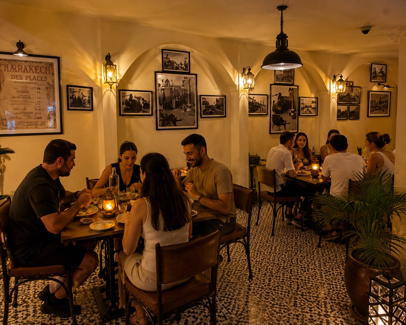 Salle voûtée du restaurant La Gare de la Médina, convives à la lueur des lanternes