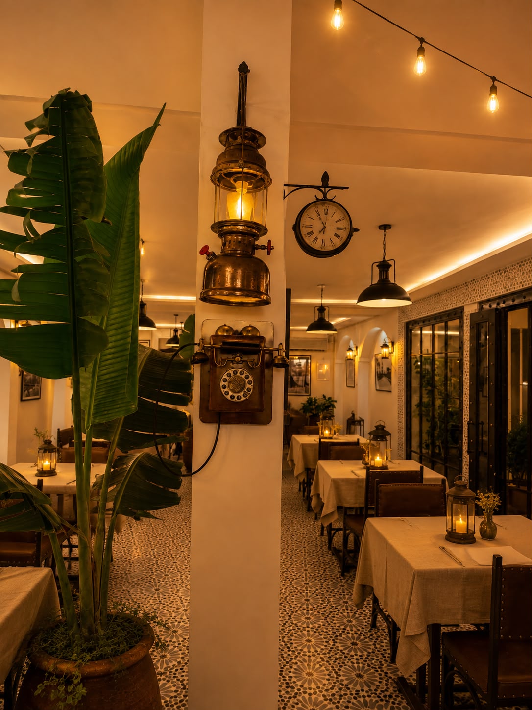 Lanterne de gare, horloge et téléphone d'époque dans la salle du restaurant